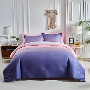Grey Pink and Purple Gradient Comforter Set Twin Size 6 Pieces Elegant Ombre Bed - Picture 1 of 6