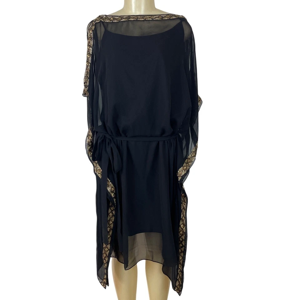 Vestido Aidan Mattox Negro y Dorado Corte Hombro Frío Adornado Talla 18W Foto 1 de 4