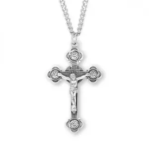 Rosebud Design Sterling Silver Crucifix 2.1in x 1.2in Features 24in Long chain - Picture 1 of 3