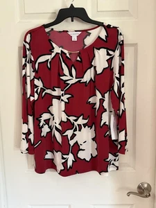 Liz Claiborne Sz Xl Beautiful Red Floral 3/4 Sleeve Blouse - Picture 1 of 9