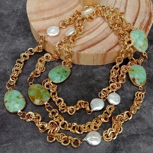 Collana lunga stazione set lunetta crisoprasio verde perle moneta bianca coltivata 50" - Foto 1 di 6