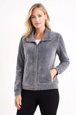❅�Nueva con etiquetas Chaqueta Bomber Chico's Zenergy Terciopelo Jaspe 0 (Pequeña) Gris Bolsillos con Cremallera $109 Foto 1 de 4