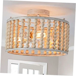 Wood Beaded Boho Chandelier Light Fixture, Semi Flush Mount Ceiling Light 3 - Picture 1 of 7