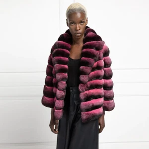 Cappotto donna rosa rosso cincillà vero rex pelliccia di coniglio invernale scialle colletto outwear - Foto 1 di 6