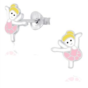 925 Sterling Silver Pink Ballerina Enamel Stud Earrings Kids Girls Women Cute