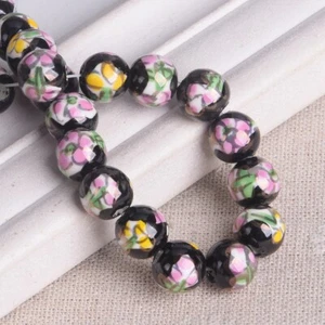 10pcs Hand Painted Flower Round 10mm Handmade Ceramic Porcelain Loose Beads Lot - Picture 1 of 26
