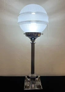 Vintage 30s Deco Metal Nelson Column Table Lamp Glass Shade Lions Light Rewired - Picture 1 of 11