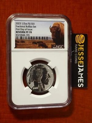 2023 $1 FIJI REVERSE PROOF SILVER BUFFALO NGC PF70 FIRST DAY OF ISSUE 1/2 OZ 999 - Image 1 of 2