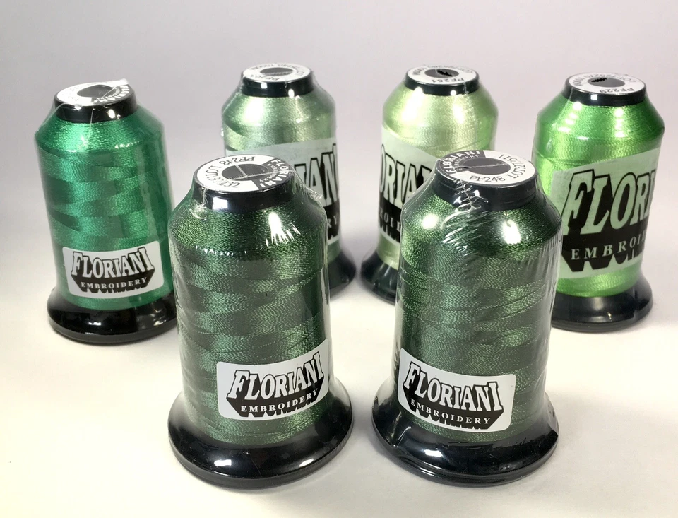 New Sealed SIX  Shades Of Green  Floriani Polyester Embroidery Thread Lot - Image 1 of 4