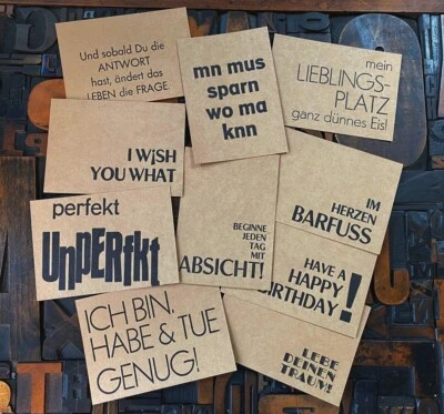 Kartenset handgedruckt Letterpress Postkarten Spruchkarten Kraftpapier vintage ~ - Bild 1 von 4