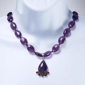 Artisan Sterling Silver Amethyst Red Gemstone Beaded Teardrop Pendant Necklace - Picture 1 of 8
