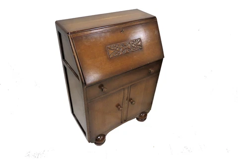 English Art Deco Carved Oak Drop Front Secretary Desk With Cannonball Front Feet Cover