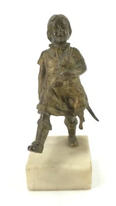 Antique Bronze Figurine Sculpture Girl Holding Pussy Cat on Marble Base - Picture 1 of 7