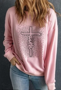 Pink FAITH Graphic Studded Pullover Crew Neck Sweatshirt Women’s Size Small - Picture 1 of 5