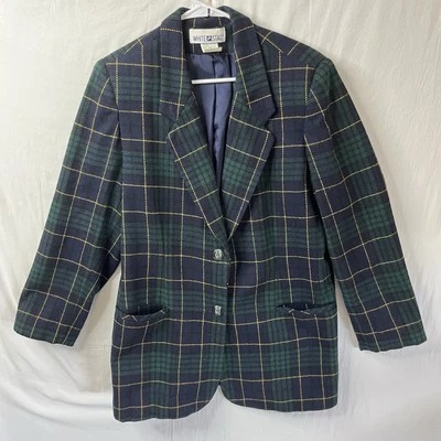 Blazer De Colección Blanco Ciervo Mujer Talla 12 Grande Tartán Cuadros Mezcla Lana Verde Azul Marino Foto 1 de 4