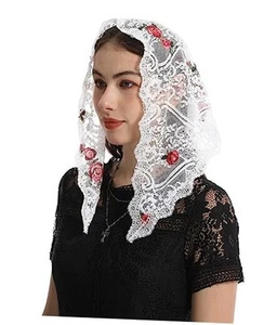 Women Catholic Veils with Clip: Rose Floral Embroidered Lace Mantilla Chapel - Picture 1 of 7