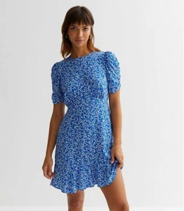 New Look Size 18 Blue Ditsy Floral Ruched Mini Dress - Picture 1 of 9