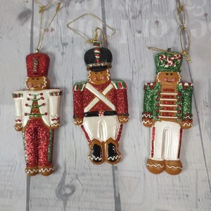 3 pc Gingerbread Man Nutcracker Soldier Ornaments Christmas Decor Sparkly - Picture 1 of 13