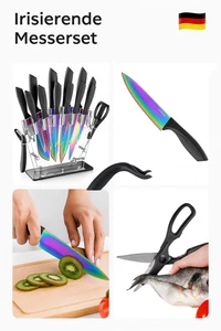 D.Perlla Messerblock, 16-TLG Messer Set, Regenbogenfarbe Titanbeschichtung, Mit - Bild 1 von 1