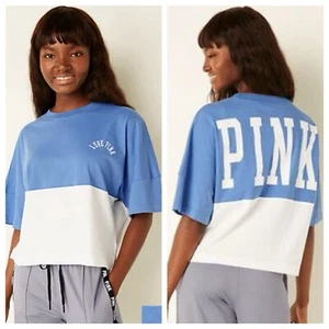 VS VICTORIAS SECRET PINK VARSITY SHORT SLEEVE CROP TEE TOP BLUE DAWN XXL - Picture 1 of 4