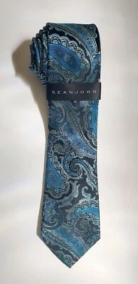 Corbata Sean John 100% Seda Azul Negro Dewel Paisley 58" Clásica Delgada Foto 1 de 4