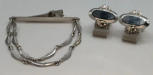 Vintage Signed USA Silver Tone Cufflinks with Mesh & Tie Clip set MCM Retro - Picture 1 of 9