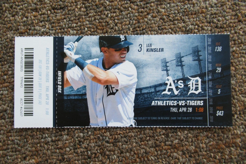 DETROIT TIGERS VS OAKLAND ATHLETICS 4/28/2016 FULL TICKET ~ VOGT/GOSE HRs - Image 1 of 1