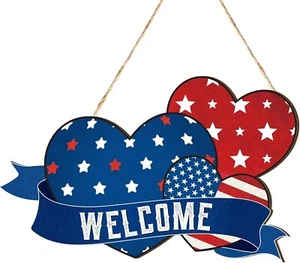 4th of July Patriotic Welcome Sign for Front Door Wood Heart We Independence Day - Picture 1 of 7