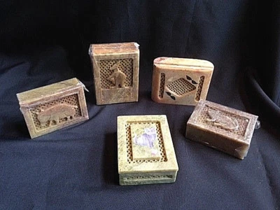 HAND CARVED SOAPSTONE FROM INDIA TRINKET BOX 5 VARIETIES 4" X 3" BOXES - Image 1 of 3