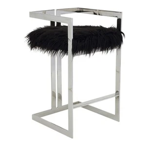 Pangea Home Kenzie 27.5" Stainless Steel & Faux Fur Bar Stool in Black/Silver - Picture 1 of 2