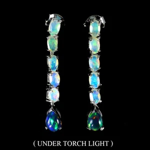 925 Sterling Silver Earrings Pear Black Opal 7x5mm Fire Opal Gemstone Jewelry - Picture 1 of 14