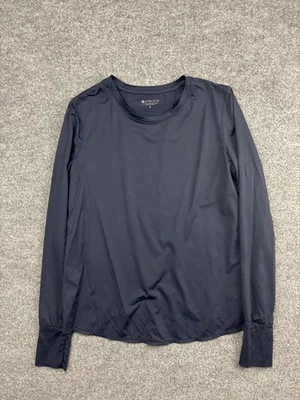 Camisa Athleta Mujer Pequeña Azul Marino Manga Larga Espalda Abierta Dobladillo Tulipán Top Atlético Foto 1 de 4
