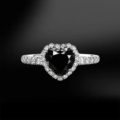 Anillo de boda nupcial de oro blanco de 14 k de ónix negro creado en laboratorio con corte de corazón FN Foto 1 de 4