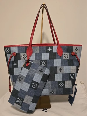 Auténtico Denim Louis Vuitton Neverfull MM Usado Con Bolsa Borde Azul Rojo Foto 1 de 4
