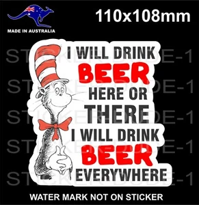 FUNNY THE CAT IN THE HAT DRINKING BEER STICKER - Picture 1 of 1