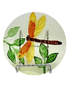 "Plato de arte de vidrio fundido DRAGONFLY 5"" diseño elevado naranja dorado vidrio transparente sin firmar" - Imagen 1 de 3