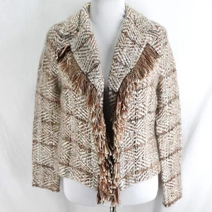 Chicos Sweater Jacket Size 0 S Ivory Brown Woven Open Front Fringe Cardigan - Picture 1 of 7