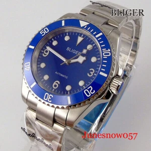 24 Jewels NH35A BLIGER Blue Mechanical Men Watch Luminous Dial Steel Strap - Picture 1 of 16