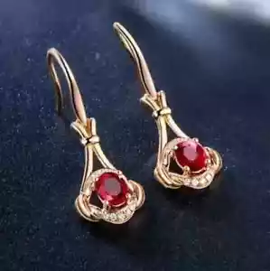 14K Rose Gold PlatedLab-Created Red Ruby 3CT Oval Cut Drop Dangle Women Earring - Picture 1 of 7