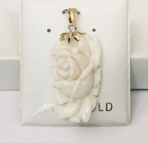 Elegant Large Solid 14K Gold Genuine White Coral Hand Carved Rose Pendant NEW - Picture 1 of 7