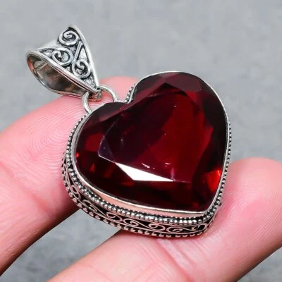 Mozambique Garnet Heart Shape Gemstone 925 Sterling Silver Vintage Pendant 1.90" - Image 1 of 4