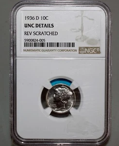 1936-D Mercury Dime CERTIFIED NGC UNC Details Silver 10c Scratched Reverse - Picture 1 of 7
