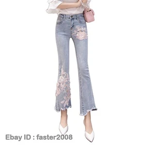 Women Sweet Flower Jeans Female Harajuku Style Beaded Lace Jeans Pants - Picture 1 of 15