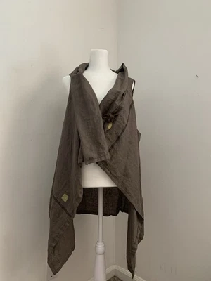 Lagenlook Wrap Vest Sz S Art To Wear Linen Architectural Brown Tie Asymmetrical - Image 1 of 4