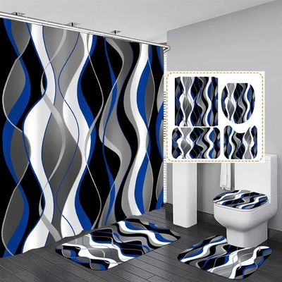 Nkzply 4 Pcs Blue and Black Striped Shower Curtain Set Grey and White Bathroom - Image 1 of 4