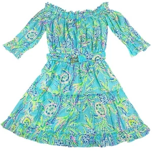 NWT- Lilly Pulitzer large Dress Bermuda Blue Turtle Season Off - belted- cotton - Picture 1 of 9