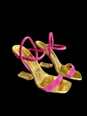 Jeffrey Campbell Sz 9 Strappy Hot Pink Suede Leather Gold Geometric Heels - Image 1 of 4