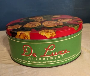 Vintage 1940's Metal Tin Red Green Floral Round with Lid - Large 8.5” Diameter - Picture 1 of 8