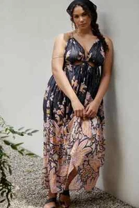 NWT Anthropologie 2X Cutout Maxi Dress Cover Up Black Floral Lounge Plus New - Picture 1 of 8