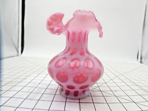 Fenton Cranberry Opalescent Coin Dot Ruffled Crimped Top Glass Vase 7"H - Picture 1 of 7